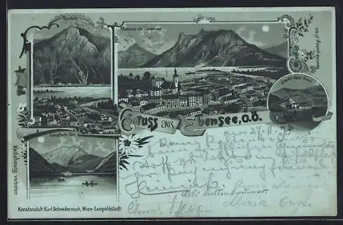 Mondschein-Lithographie Ebensee /O.Ö., Kranabet Sattel-Alm, Langbath-See, Rinnbach gegen die Berge, Totalansicht