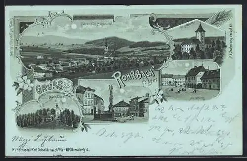 Mondschein-Lithographie Rohrbach /Ob. Österr., Sprinzenstein, Marktplatz, Maria Trost, Totalansicht