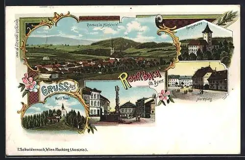 Lithographie Rohrbach im Mühlviertel, Marktplatz, Sprinzenstein, Maria Trost, Totalansicht