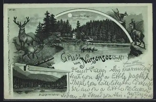 Mondschein-Lithographie Nussensee /Ischl, Restaurant Nussensee, Blick ins Gebirge