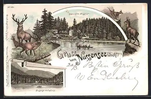 Lithographie Bad Ischl, See mit Gebirge, Restauration Nussensee, Hirsche & Bergziegen