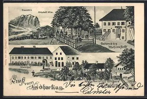 AK Neidharting, Gasthaus zum Badwirth v. Franz Neuwirth, Gasthaus des Mathias Ferstl, Meierhof, Wim gegen den Traunstein