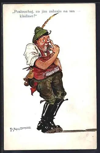 Künstler-AK Mann in Tracht fasst sich an die Nase