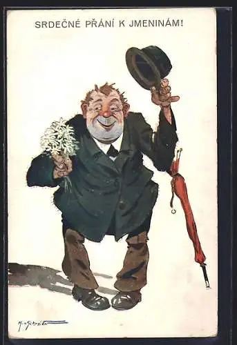 AK Dicher Mann mit Schirm und Blumenstrauss