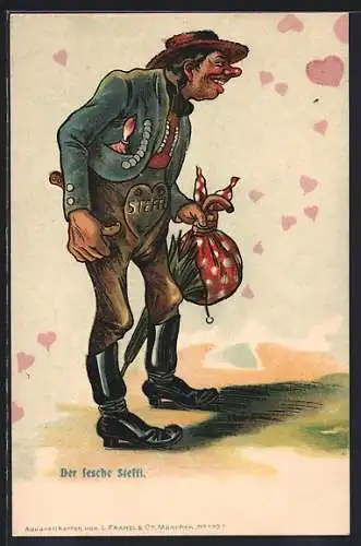 Künstler-AK Mann in Tracht mit dem Namen Steffl auf der Hose