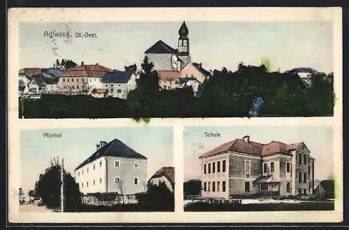 AK Adlwang /Ob.-Oest., Pfarrhof, Schule, Ortsansicht mit Kirche