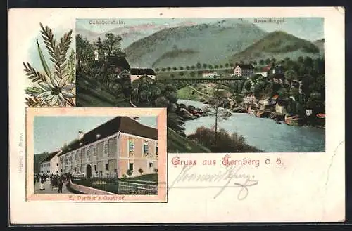 AK Ternberg /O.-Ö., E. Derflers Gasthof, Ortsansicht mit Brücke, Schoberstein u. Brandkogel