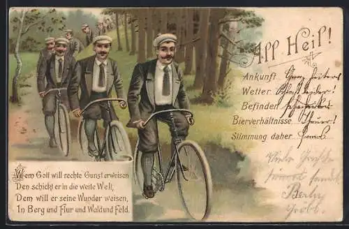 Lithographie All Heil! Fahrrad Herren bei der Fahrt durch eine Waldlandschaft