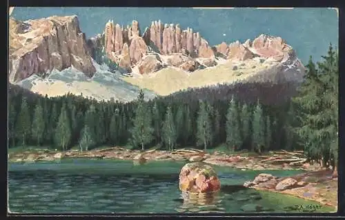 Künstler-AK Rudolf Alfred Höger: Der Karersee, Dolomiten-Panorama