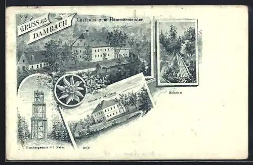 Lithographie St. Ulrich bei Steyr, Dambach, Gasthaus zum Hammermeister, Dambergwarte, Schule, Holzriese