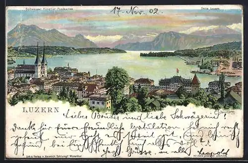 Lithographie Luzern, Panorama mit Kirche