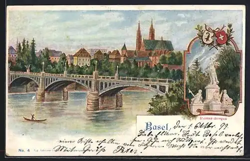 AK Basel, Rheinbrücke mit Münster, St. Jakob-Denkmal