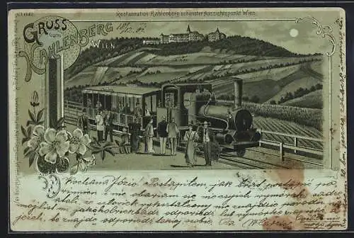 Mondschein-Lithographie Wien, Restaurant Kahlenberg, Bahnhof mit Kleinbahn