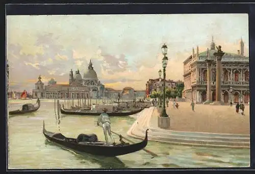 Künstler-AK Venezia, Piazzetta S. Marco colla Chiesa di S. Maria della Salute, Gondoliere beim Rangieren