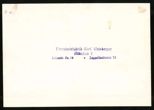 Fotografie Auto Cabriolet, PKW mit Weinberger-Karosserie vor der Fabrik Zeppelinstrasse 71 in München