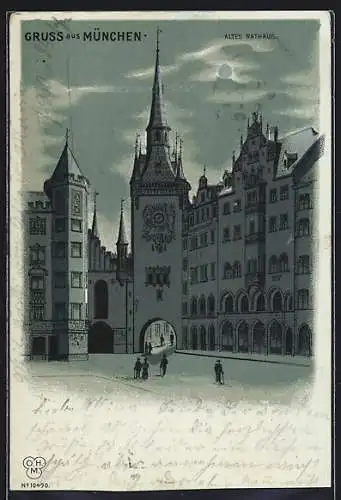 Mondschein-Lithographie München, Altes Rathaus bei Nacht