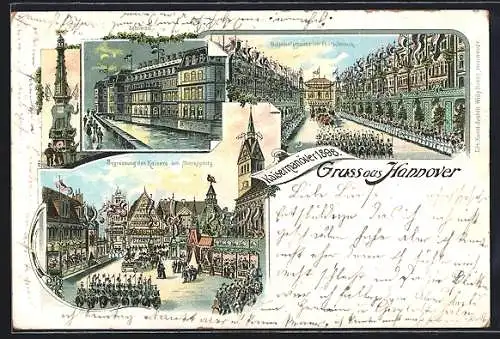 Lithographie Hannover, Begrüssung des Kaisers am Marktplatz, Bahnhofstrasse im Festschmuck, Schloss