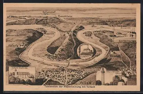 Künstler-AK sign. Hans Pernat: Volkach, Totalansicht der Mainkrümmung mit Brauerei Kaltenhausen