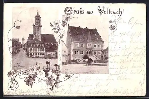 AK Volkach, Kirche mit oberer Hauptstrasse, Rathaus