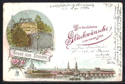 Vorläufer-Lithographie Dresden, 1895, Hell erleuchtetes Belvedere bei Nacht, Totalansicht