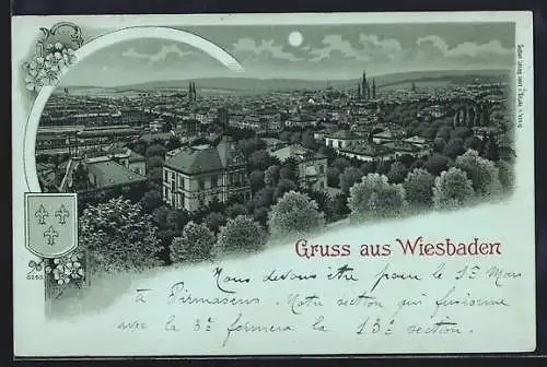 Mondschein-Lithographie Wiesbaden, Panoramablick über die Stadt, Wappen