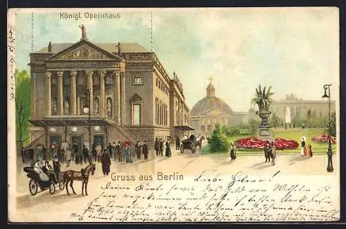 Lithographie Berlin, Königl. Opernhaus mit Parkanlage und Blick auf St.-Hedwigs-Kathedrale