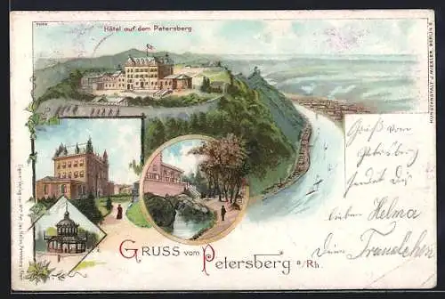 Lithographie Bonn, Hotel auf dem Petersberg, Blick auf den Rhein