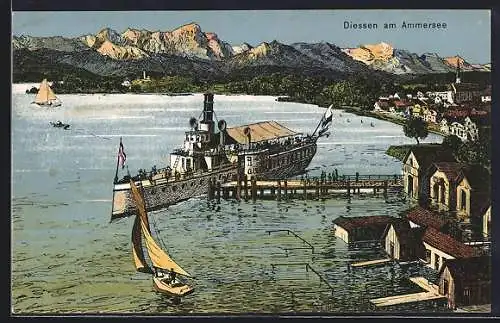 Künstler-AK Eugen Felle: Diessen / Ammersee, Ortsansicht, Dampfer an der Anlegestelle