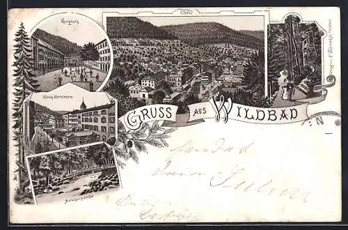 Lithographie Wildbad / Schwarzwald, Gesamtansicht, Kurplatz, König Karlstrasse & Anlagenpartie