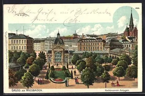 Glitzer-Perl-Lithographie Wiesbaden, Kochbrunnen-Anlagen mit Spaziergängern