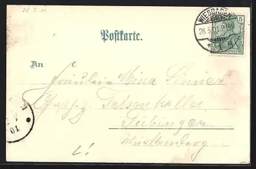 Glitzer-Perl-Lithographie Wiesbaden, Kochbrunnen-Anlagen mit Spaziergängern