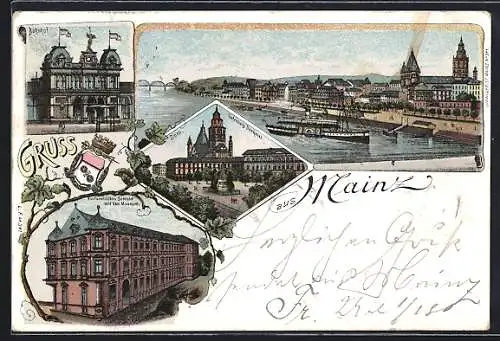 Lithographie Mainz, Bahnhof, Dom und Gutenberg Denkmal, Schloss mit Museum