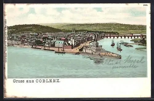 Lithographie Coblenz, Stadttotale mit dem Hafen und das Deutsche Eck