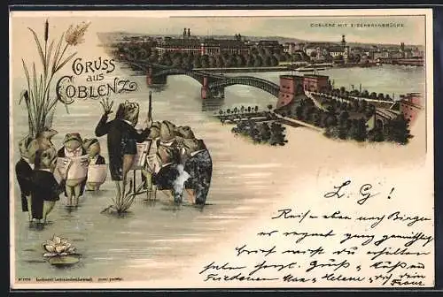 Lithographie Coblenz, Flusspartie mit Eisenbahnbrücke, Musizierende Frösche