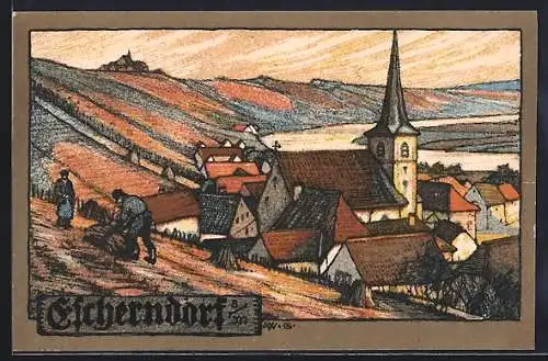 Steindruck-AK Escherndorf, Teilansicht mit Kirche und Bauern