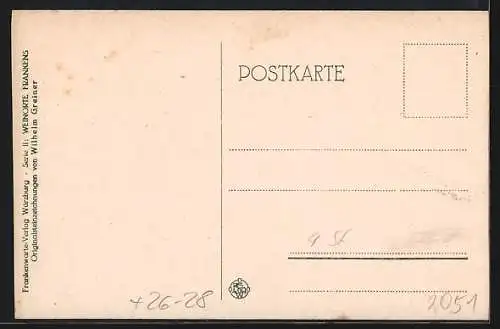 Steindruck-AK Escherndorf, Teilansicht mit Kirche und Bauern