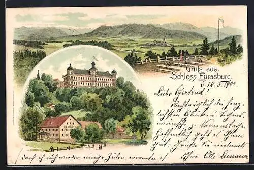 Lithographie Eurasburg / Isartal, Blick zum Schloss, Landschaftspartie mit bewaldeten Hügeln