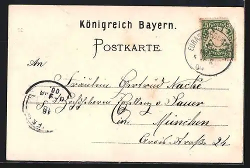 Lithographie Eurasburg / Isartal, Blick zum Schloss, Landschaftspartie mit bewaldeten Hügeln