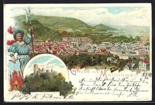 Lithographie Meiningen, Schloss Landsberg, Panorama