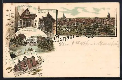 Lithographie Osnabrück, Totalansicht, Gasthof z. Walhalla, Renaissancehaus i. d. Bierstrasse, Kaiserhof u. Post