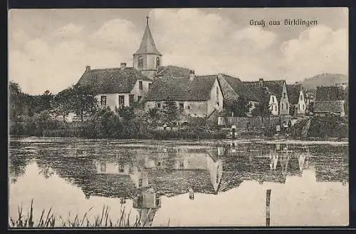 AK Birklingen, Flusspartie im Ort, Kirchturm