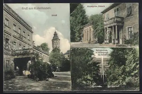AK Rüdenhausen, Wintergarten Südseite, Springbrunnen, Im Hintergrund das Schloss