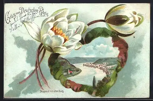 Passepartout-Lithographie Boppard, Ortsansicht auf einem Seerosenblatt