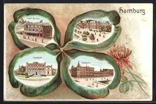 Passepartout-Lithographie Hamburg, Hauptpost, Alster-Pavillon, Kunsthalle und Justizpalais