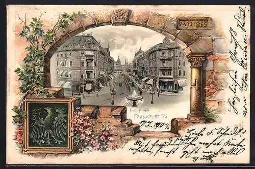 Passepartout-Lithographie Frankfurt, Kaiserstrasse mit Brunnen, Geschäften, Mauerpasspartout mit Rundbogen, Wappen