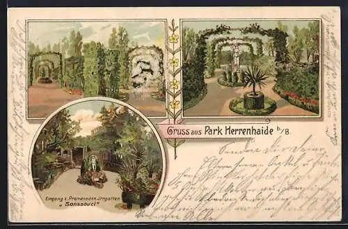 Lithographie Herrenhaide b. B., Park Herrenhaide, Ansichten mit Eingang zum Irrgarten Sanssouci