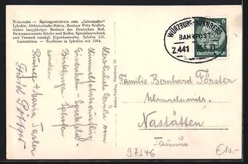 AK Iphofen, Gasthaus zum Zehntkeller, Innenansicht