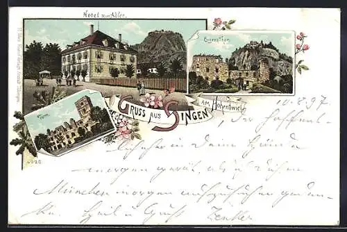 Lithographie Singen / Hohentwiel, Hotel zum Adler, Turm, Eugensthor