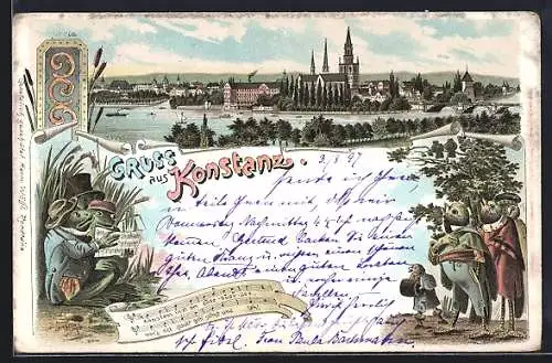 Lithographie Konstanz, Panoramablick auf den Ort, Froschkonzert und singende Vögel