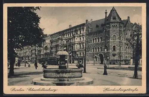 AK Berlin-Charlottenburg, Hardenbergstrasse mit Brunnen und Strassenbahn